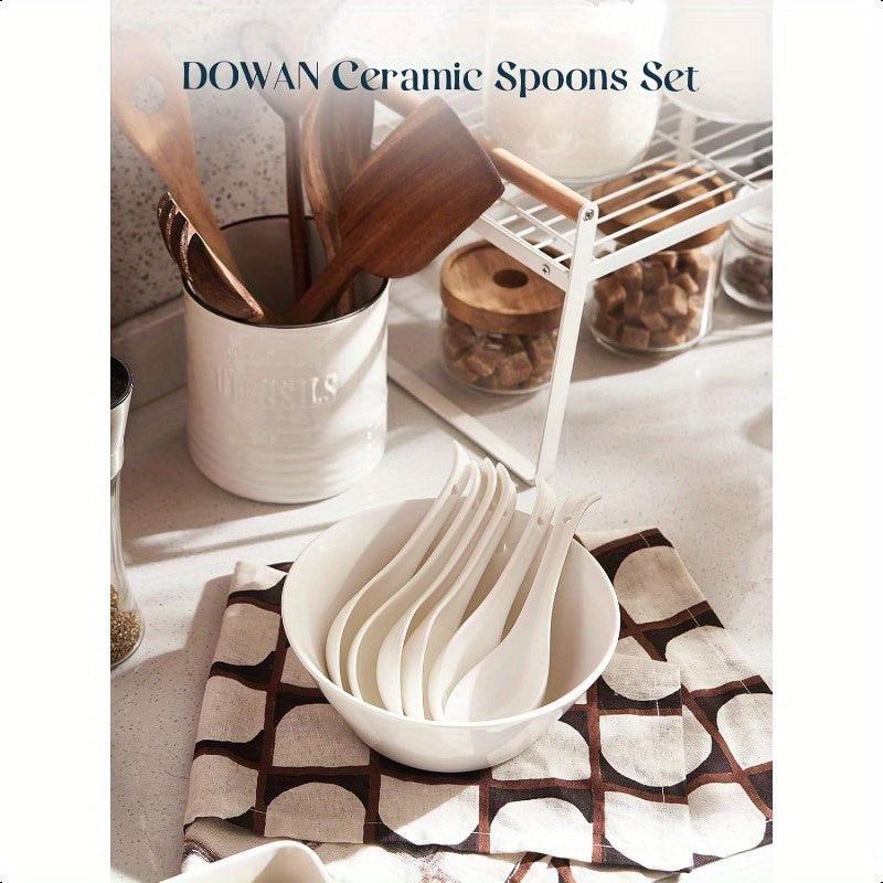 Soup Spoons Ceramic Asian Soup Spoons White Japanese Spoon Large for Ramen Pho Wonton Dumpling Miso Deep Oval Hook Design Set of 6 4 White