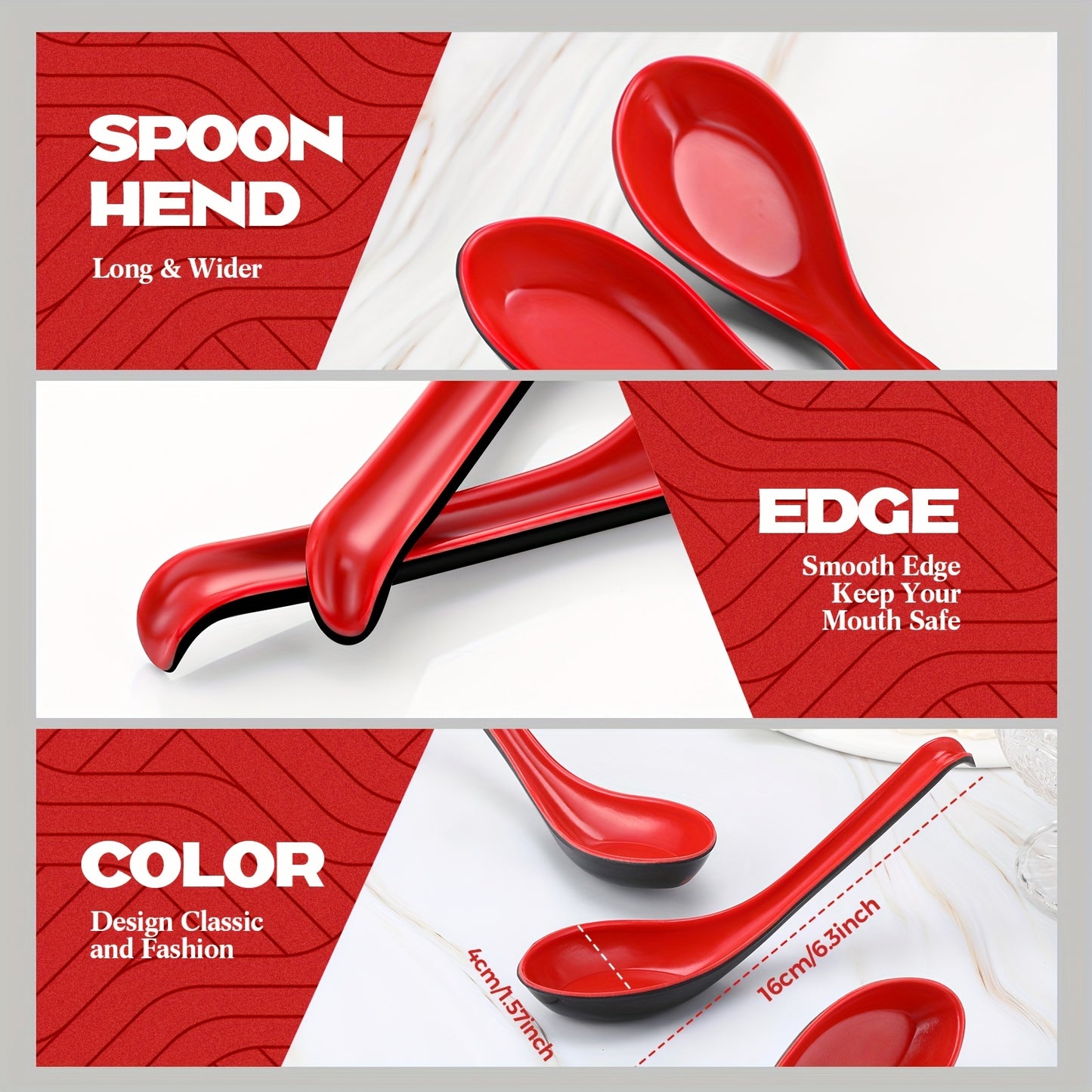 100pcs Asian Chinese Soup Spoons 6.3 Inches Japanese Korean Miso Soup Spoons Red And Black Bulk with Hook for Soba Wonton Rice Pho Ramen Noodle Dumpling