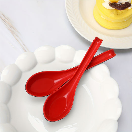 100pcs Asian Chinese Soup Spoons 6.3 Inches Japanese Korean Miso Soup Spoons Red And Black Bulk with Hook for Soba Wonton Rice Pho Ramen Noodle Dumpling