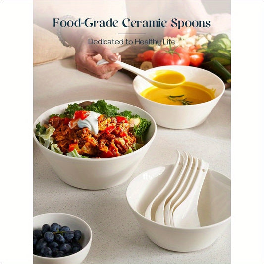 Soup Spoons Ceramic Asian Soup Spoons White Japanese Spoon Large for Ramen Pho Wonton Dumpling Miso Deep Oval Hook Design Set of 6 4 White