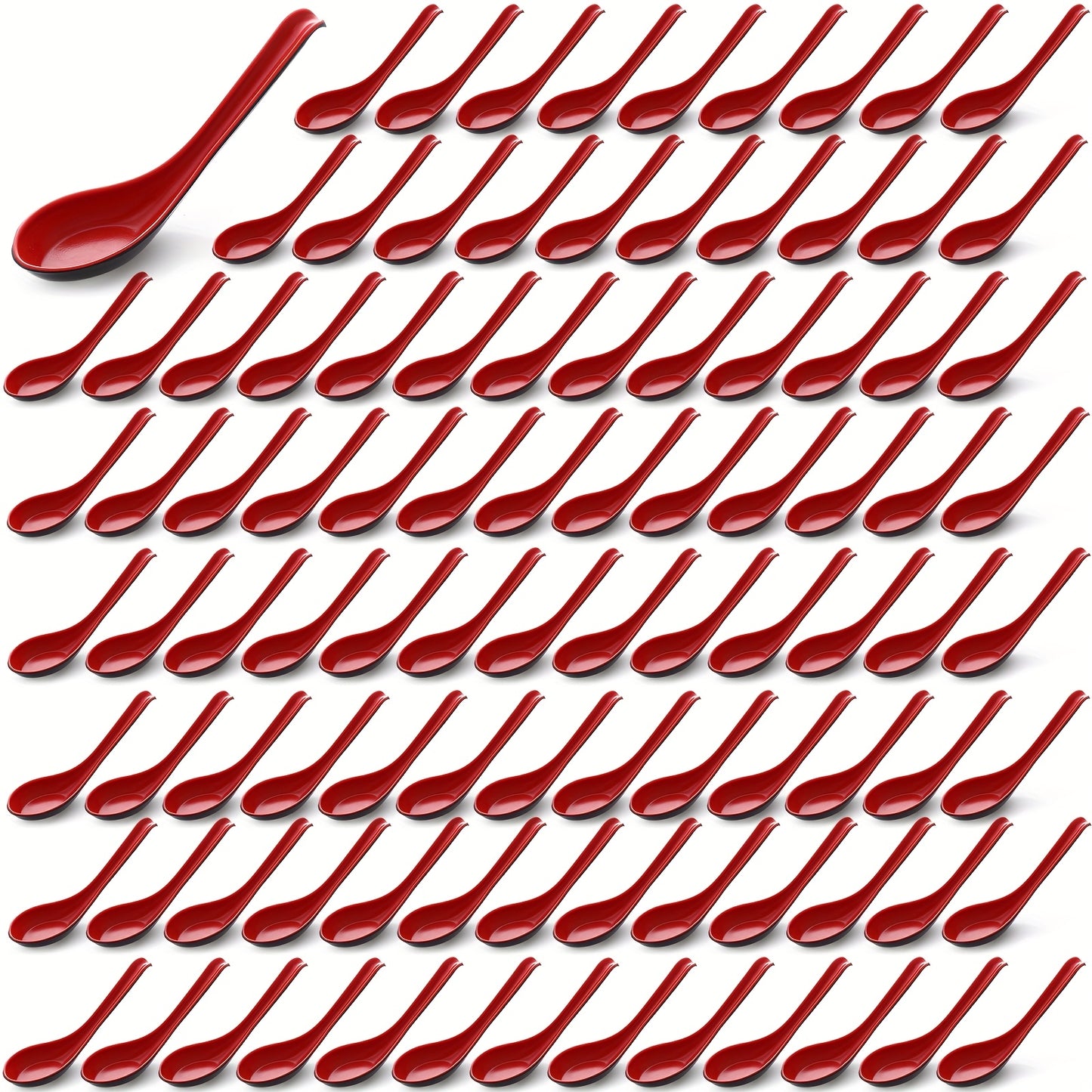 100pcs Asian Chinese Soup Spoons 6.3 Inches Japanese Korean Miso Soup Spoons Red And Black Bulk with Hook for Soba Wonton Rice Pho Ramen Noodle Dumpling