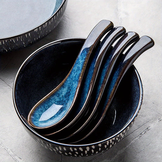 HUTNUOY Japanese Ramen Soup Spoons Asian Blue Ceramic Soup Spoon for Pho Dessert Noodle 5pcs