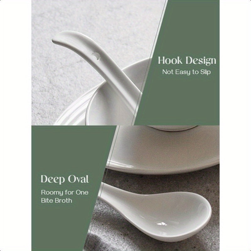Soup Spoons Ceramic Asian Soup Spoons White Japanese Spoon Large for Ramen Pho Wonton Dumpling Miso Deep Oval Hook Design Set of 6 4 White