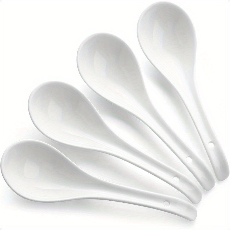 Soup Spoons Ceramic Asian Soup Spoons White Japanese Spoon Large for Ramen Pho Wonton Dumpling Miso Deep Oval Hook Design Set of 6 4 White