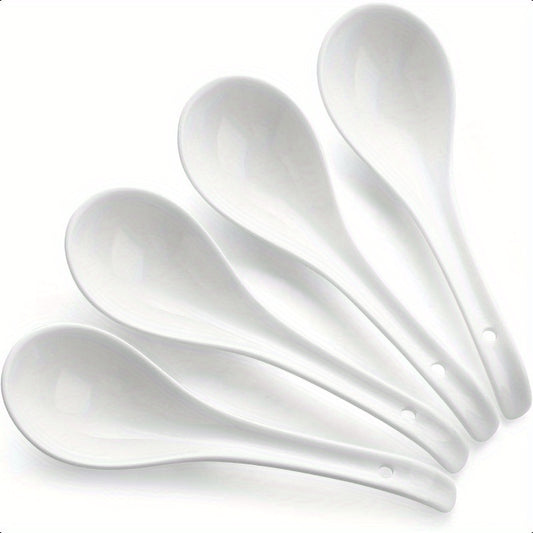 Soup Spoons Ceramic Asian Soup Spoons White Japanese Spoon Large for Ramen Pho Wonton Dumpling Miso Deep Oval Hook Design Set of 6 4 White