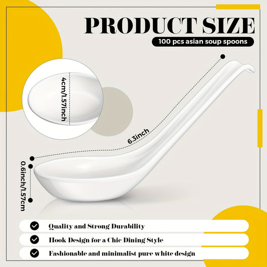 100pcs Asian Soup Spoon Large Chinese Noodle Ramen Reusable Japanese Wonton Rice Dumpling Spoon Bulk With Hook For Home Restaurant Kitchen