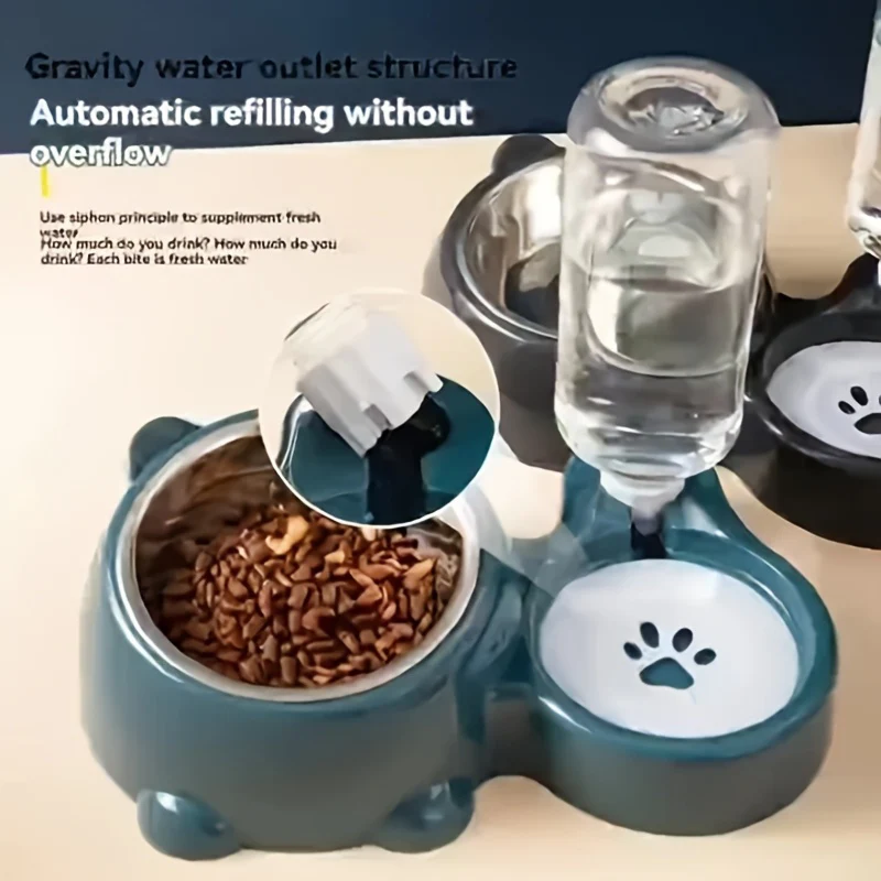 2-in-1 Automatic Pet Feeder & Water Dispenser, Stainless Steel & Plastic, Non-Slip Base, Dual Bowls with Paw Print Design for Cats and Small Dogs, No Batteries or Power Needed, Dog Feeder And Water Dispenser